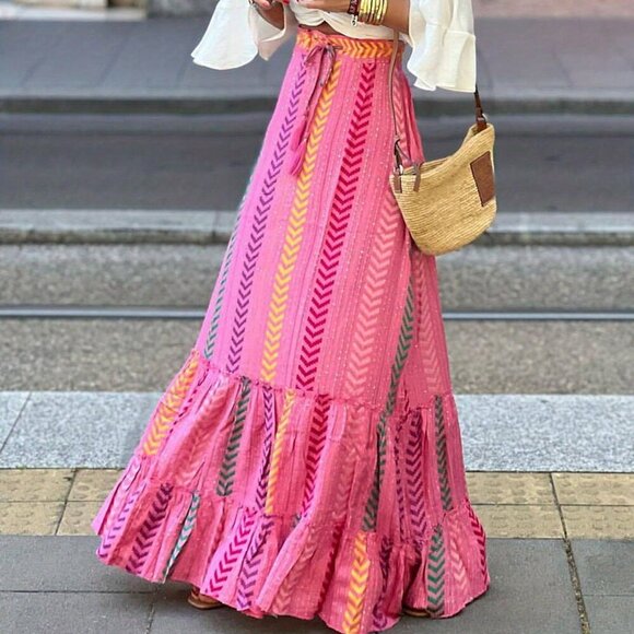 Pink Casual Women's Boho multi Printed Ruffled Hem Flowy maxi Skirt - Picture 3 of 7